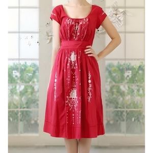 Anthropologie Lil Harissa Embroidered dress red bohemian summer cotton S…